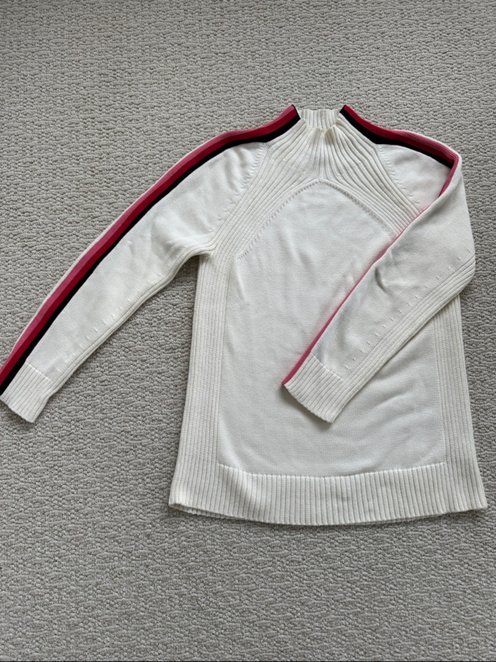 T by Talbots Cream Crewneck Tunic Sweater with Pink and Black Sleeve Stripes